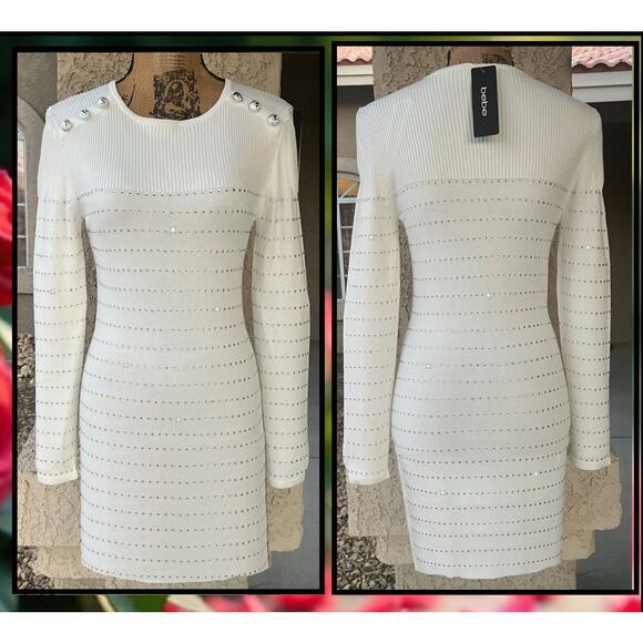 Bebe Women's Anastasia Crystal Sweater Dress White/Silver Size Small NWT - Picture 4 of 8